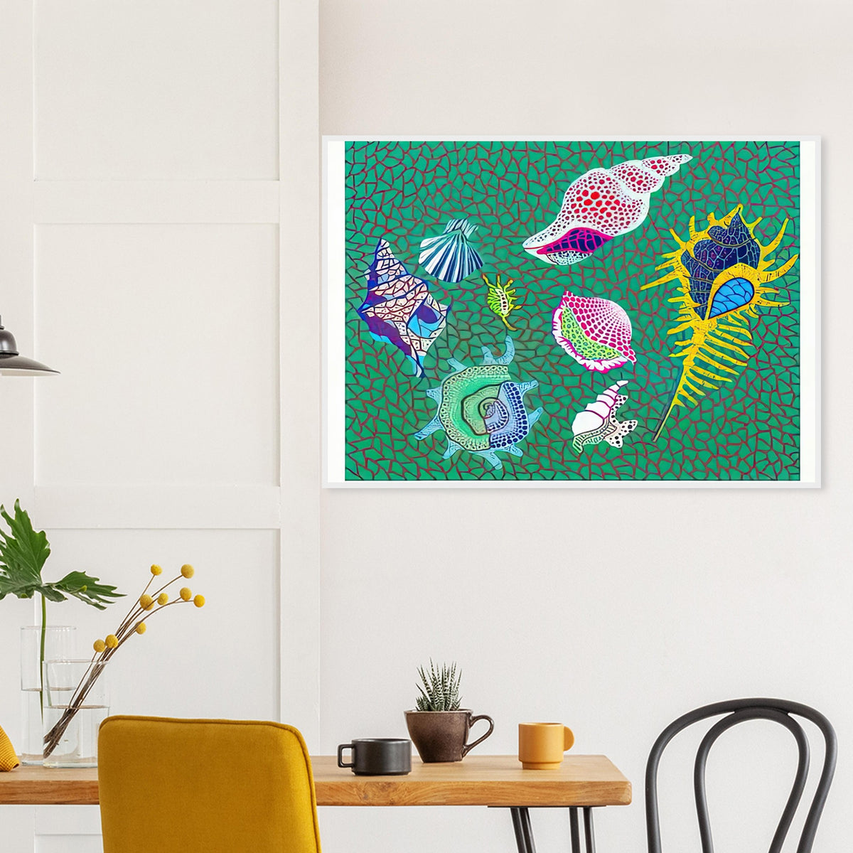 Yayoi Kusama framed print — Shells draws attention to small natural objects whose curved structures and repeating ridges are already pattern-like
