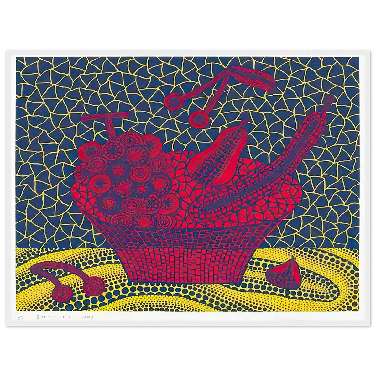Yayoi Kusama framed print — Fruit Basket (5) by Yayoi Kusama explores one of the artist’s recurring subjects: the abundance of ordinary fruit, white frame, 60x80 cm / 24x32″