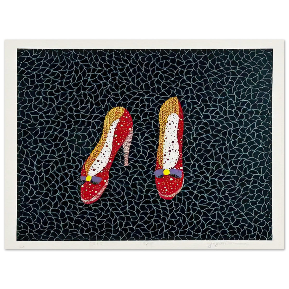 Yayoi Kusama poster — Shoes (2) turns a footwear object into an image about shape, balance and individuality, 15x20 cm / 6x8″