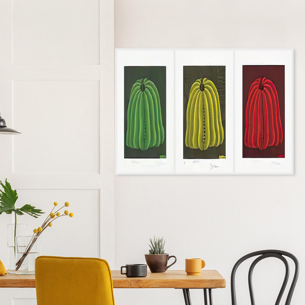 Yayoi Kusama framed print — Pumpkin 2000 (Set) uses a set treatment to reinterpret one of Kusama’s most affectionate subjects