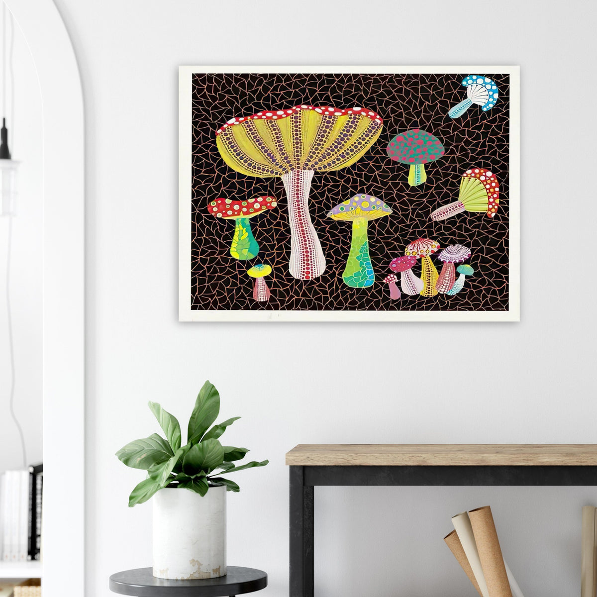 Yayoi Kusama poster — Toadstools explores the eccentric shapes of woodland fungi, balancing rounded caps and slender supports