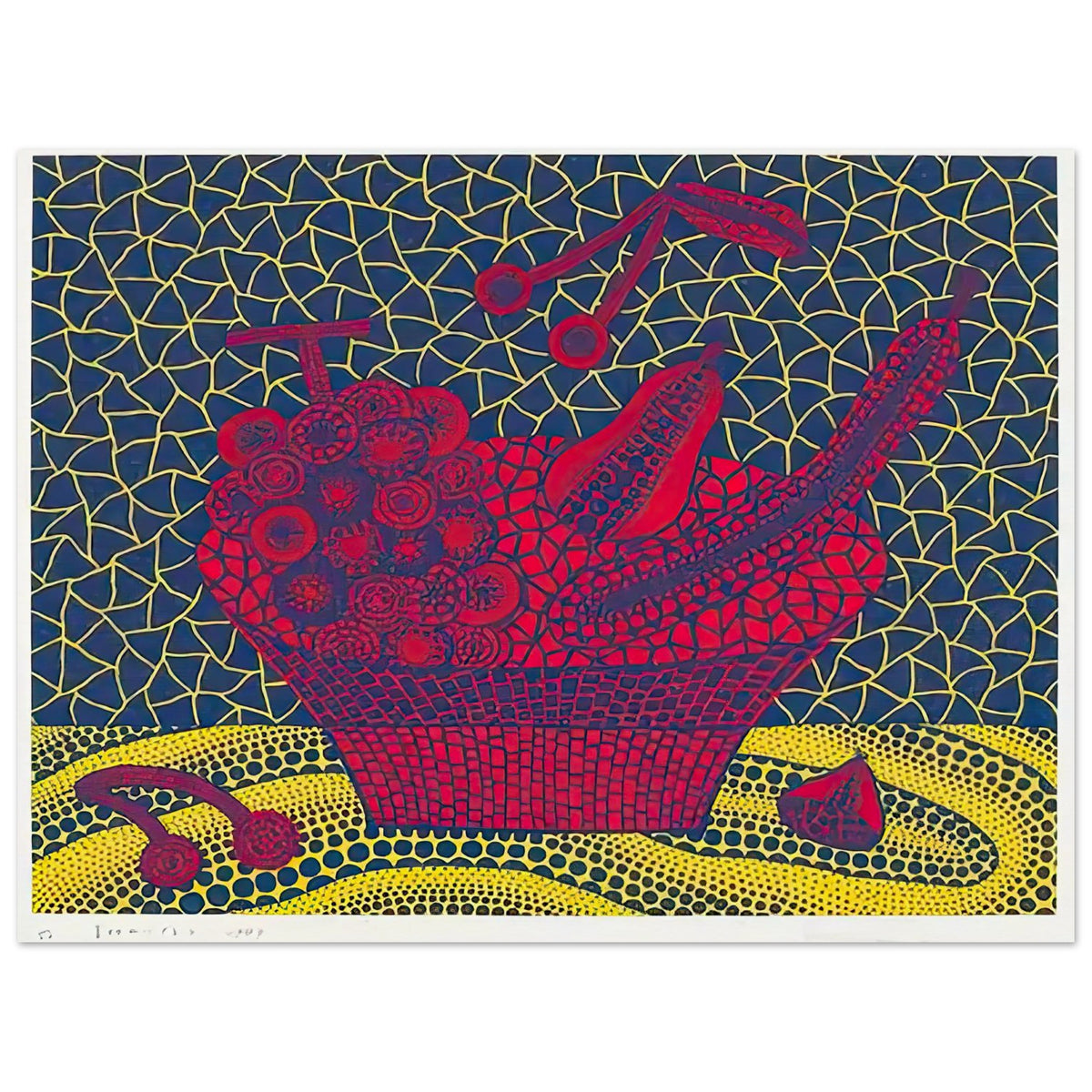 Yayoi Kusama poster — Fruit Basket (5) by Yayoi Kusama explores one of the artist’s recurring subjects: the abundance of ordinary fruit, 75x100 cm / 30x40″