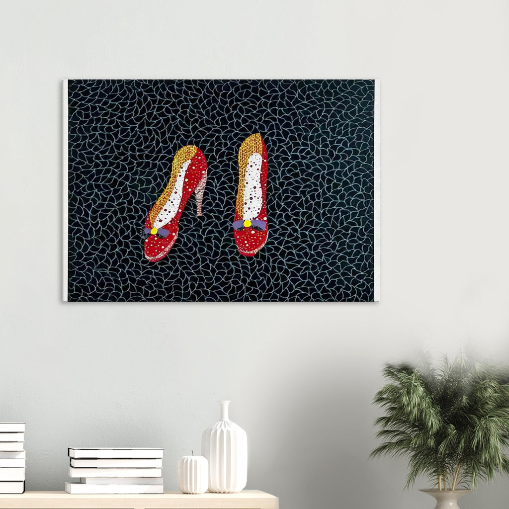 Yayoi Kusama canvas print — Shoes (2) turns a footwear object into an image about shape, balance and individuality