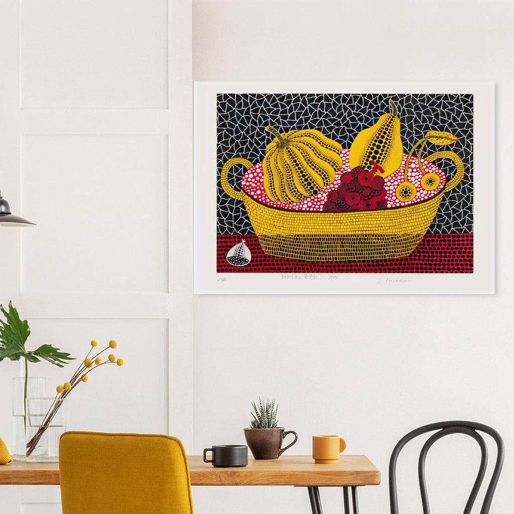 Yayoi Kusama framed print — Pumpkin and Fruits brings a dotted pumpkin into a richly populated still life rather than isolating the gourd on its own