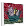 Yayoi Kusama canvas print — Panier de Fruits I from Amour pour Toujours turns a basket of fruit into a lively decorative still life, 45x60 cm / 18x24″