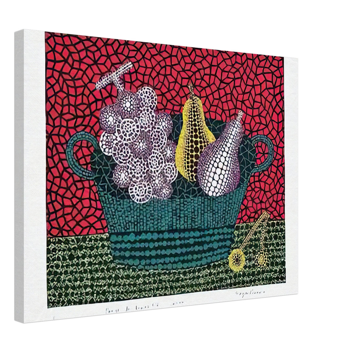 Yayoi Kusama canvas print — Panier de Fruits I from Amour pour Toujours turns a basket of fruit into a lively decorative still life, 45x60 cm / 18x24″