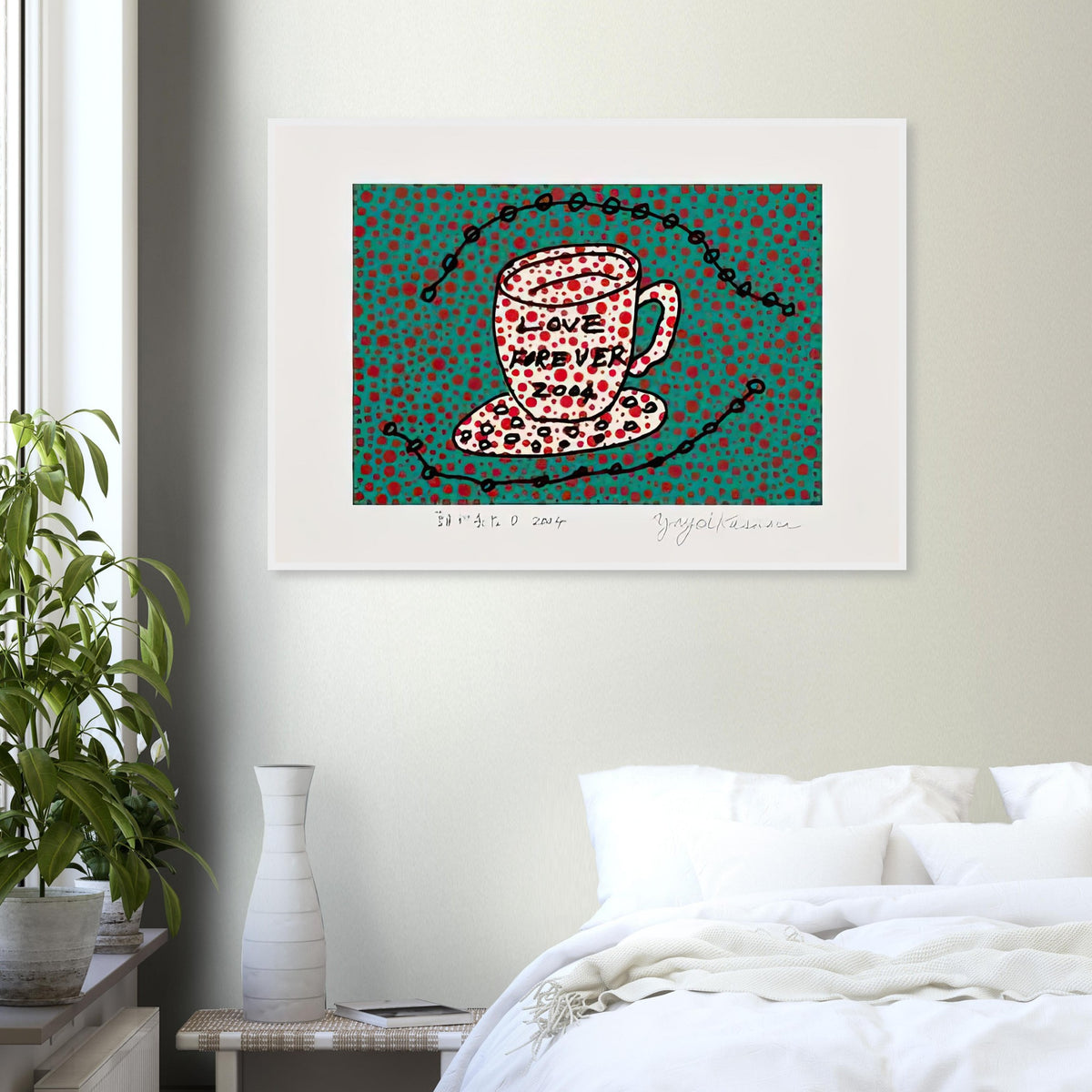 Yayoi Kusama framed print — Morning Is Here (D) joins a series of compact 2004 prints in which the beginning of the day becomes a subject for personal symbols and tightly controlled graphic