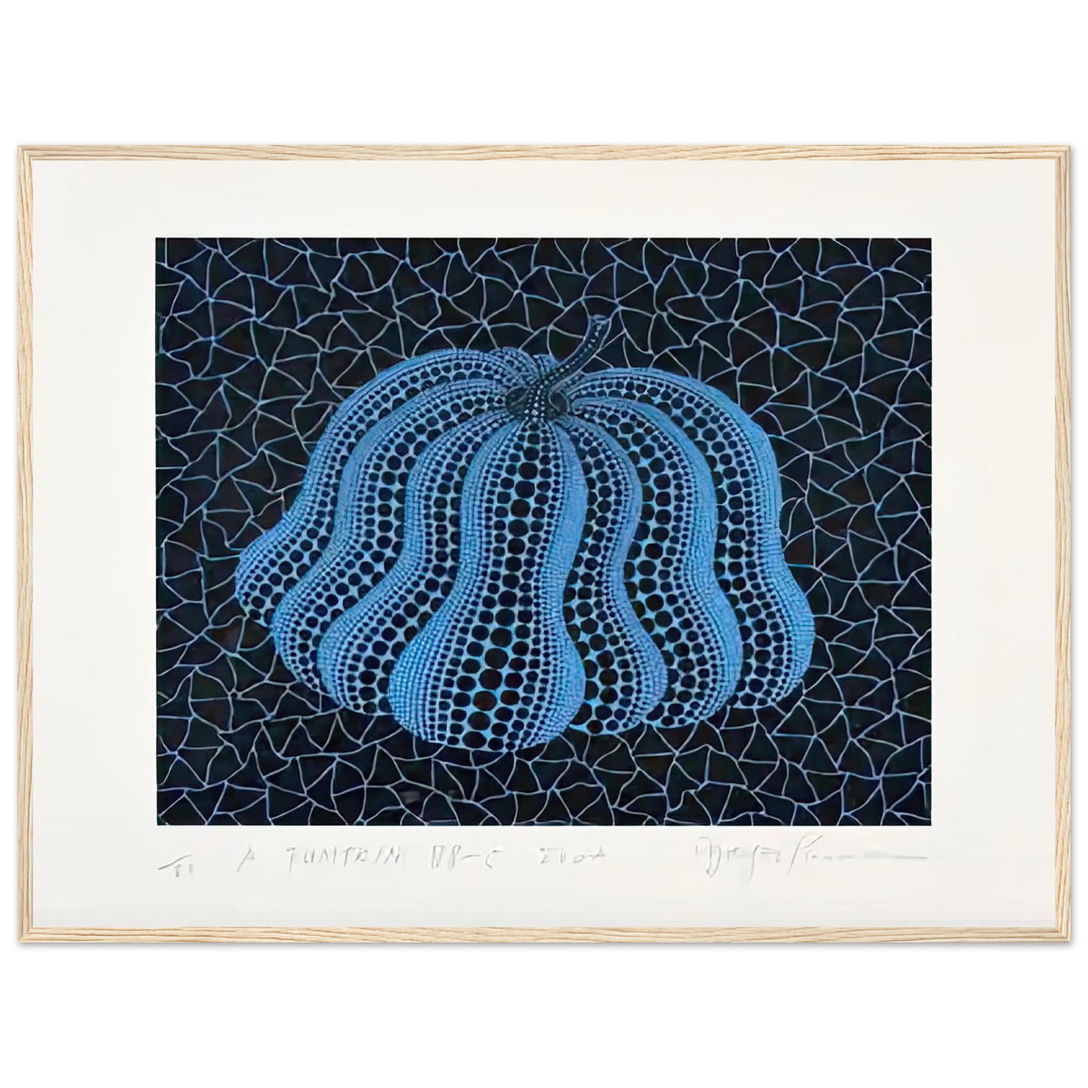 Yayoi Kusama framed print — Pumpkin (BB-C) [Kusama 330] revisits Kusama’s best-known vegetable through the relationship between its distinctive form and repeating ornament, wood frame, 60x80 cm / 24x32″
