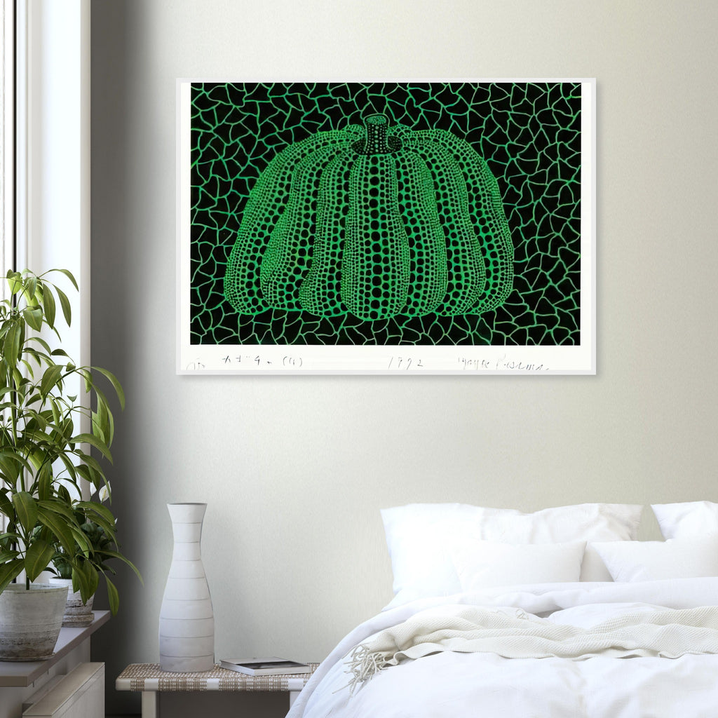 Yayoi Kusama framed print — Pumpkin (G) [Kusama 151] revisits Kusama’s best-known vegetable through the relationship between its distinctive form and repeating ornament
