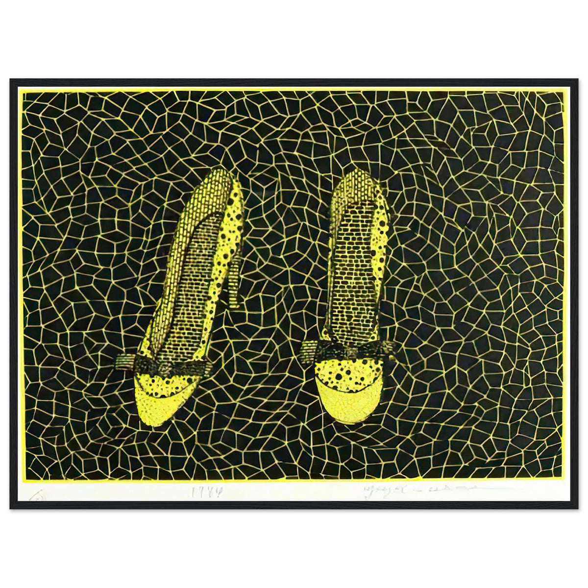 Yayoi Kusama framed print — Shoes (3) turns a footwear object into an image about shape, balance and individuality, black frame, 60x80 cm / 24x32″