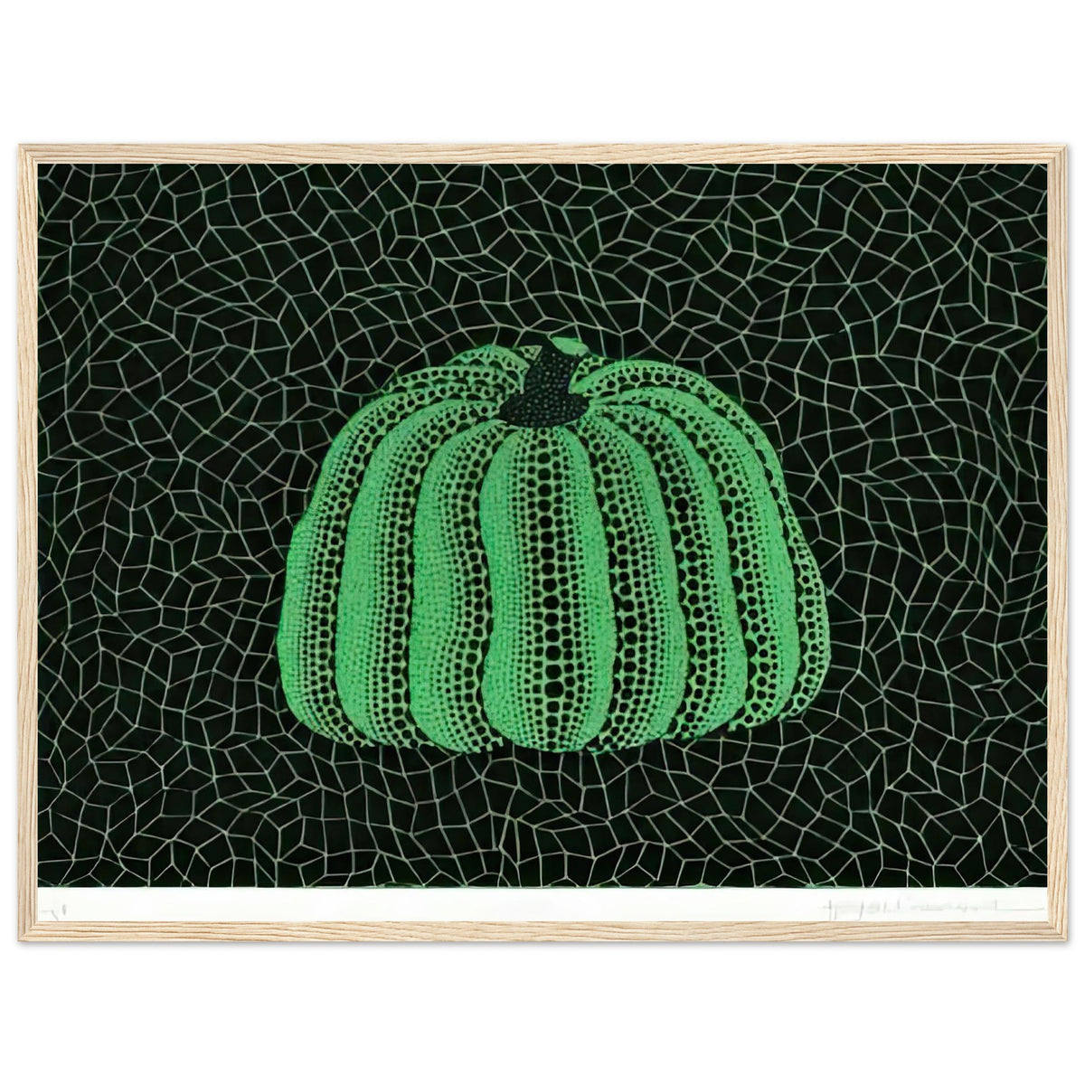 Yayoi Kusama framed print — Pumpkin (Green, Version 2) presents Kusama’s familiar pumpkin through an explicitly green variation, wood frame, 45x60 cm / 18x24″