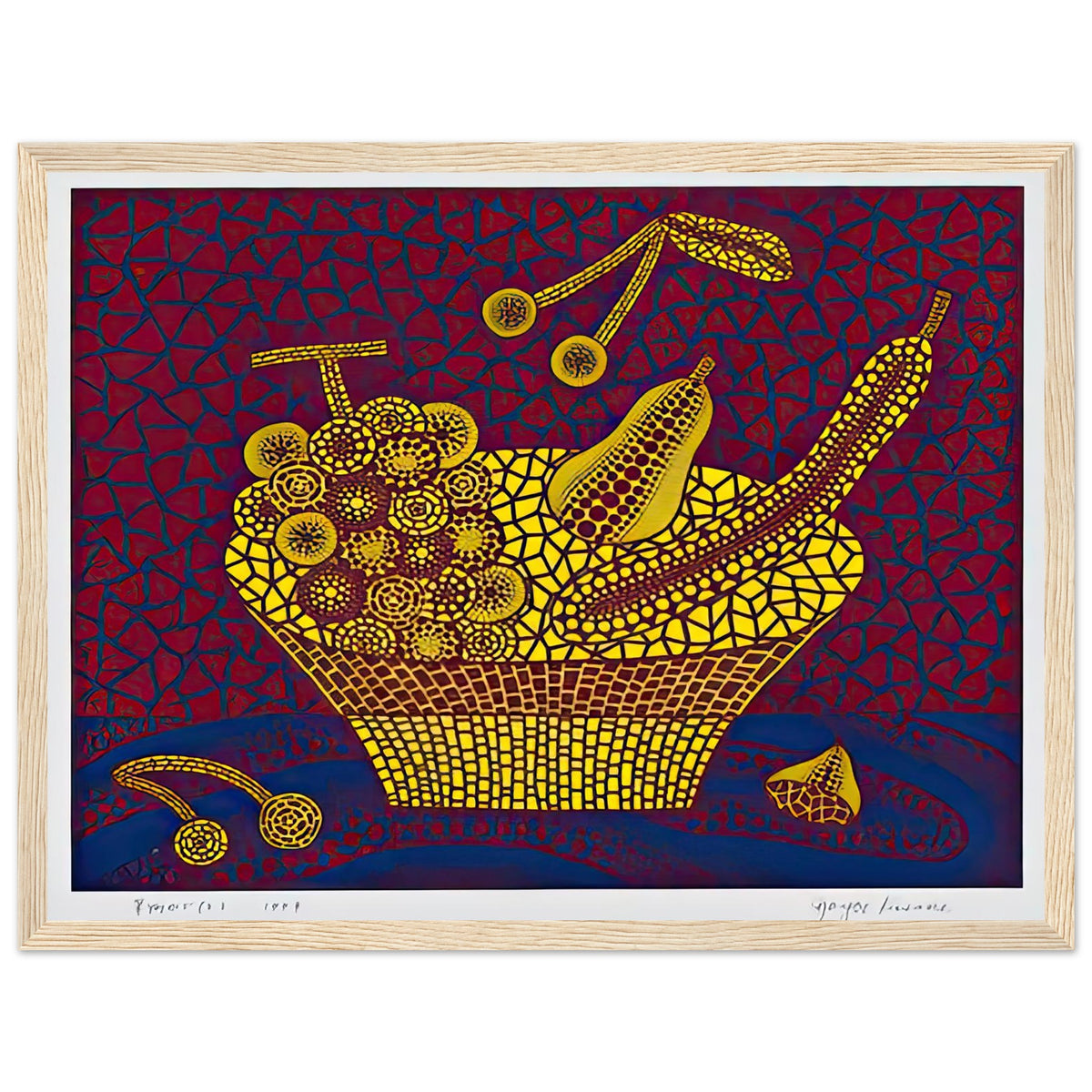 Yayoi Kusama framed print — Fruit Basket (2) by Yayoi Kusama explores one of the artist’s recurring subjects: the abundance of ordinary fruit, wood frame, 30x40 cm / 12x16″