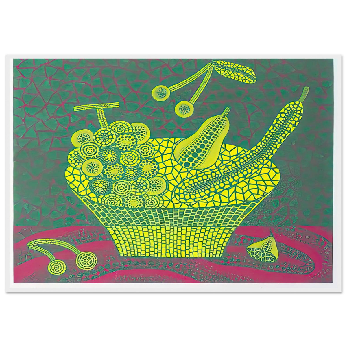 Yayoi Kusama framed print — Fruit Basket (4) by Yayoi Kusama explores one of the artist’s recurring subjects: the abundance of ordinary fruit, white frame, 70x100 cm / 28x40″