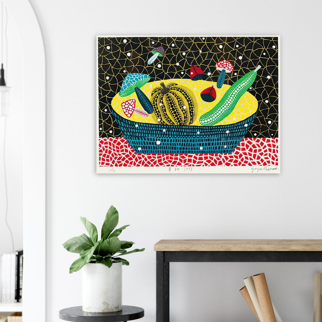 Yayoi Kusama poster — Fruits (2) turns an arrangement of fruit into a deliberately ornamental still life