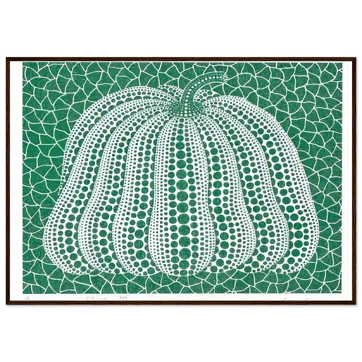 Yayoi Kusama framed print — Pumpkin Green presents Kusama’s familiar pumpkin through an explicitly green variation, dark wood frame, 70x100 cm / 28x40″