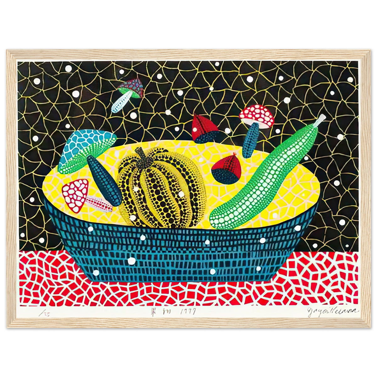 Yayoi Kusama framed print — Fruits (2) turns an arrangement of fruit into a deliberately ornamental still life, wood frame, 30x40 cm / 12x16″