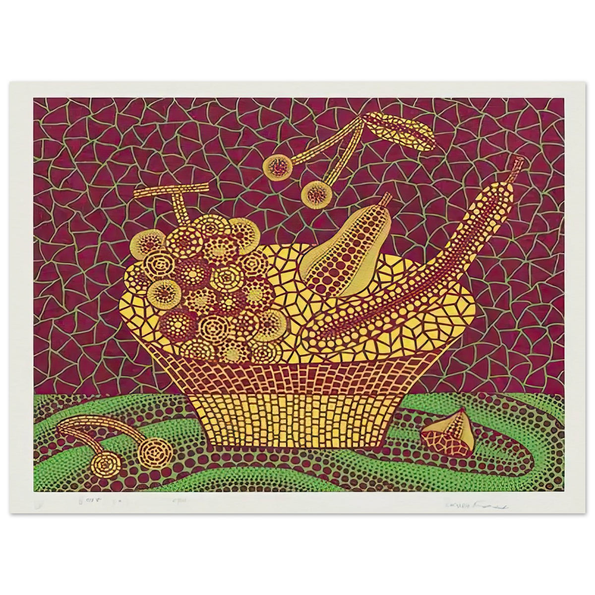 Yayoi Kusama poster — Fruit Basket (3) by Yayoi Kusama explores one of the artist’s recurring subjects: the abundance of ordinary fruit, 30x40 cm / 12x16″