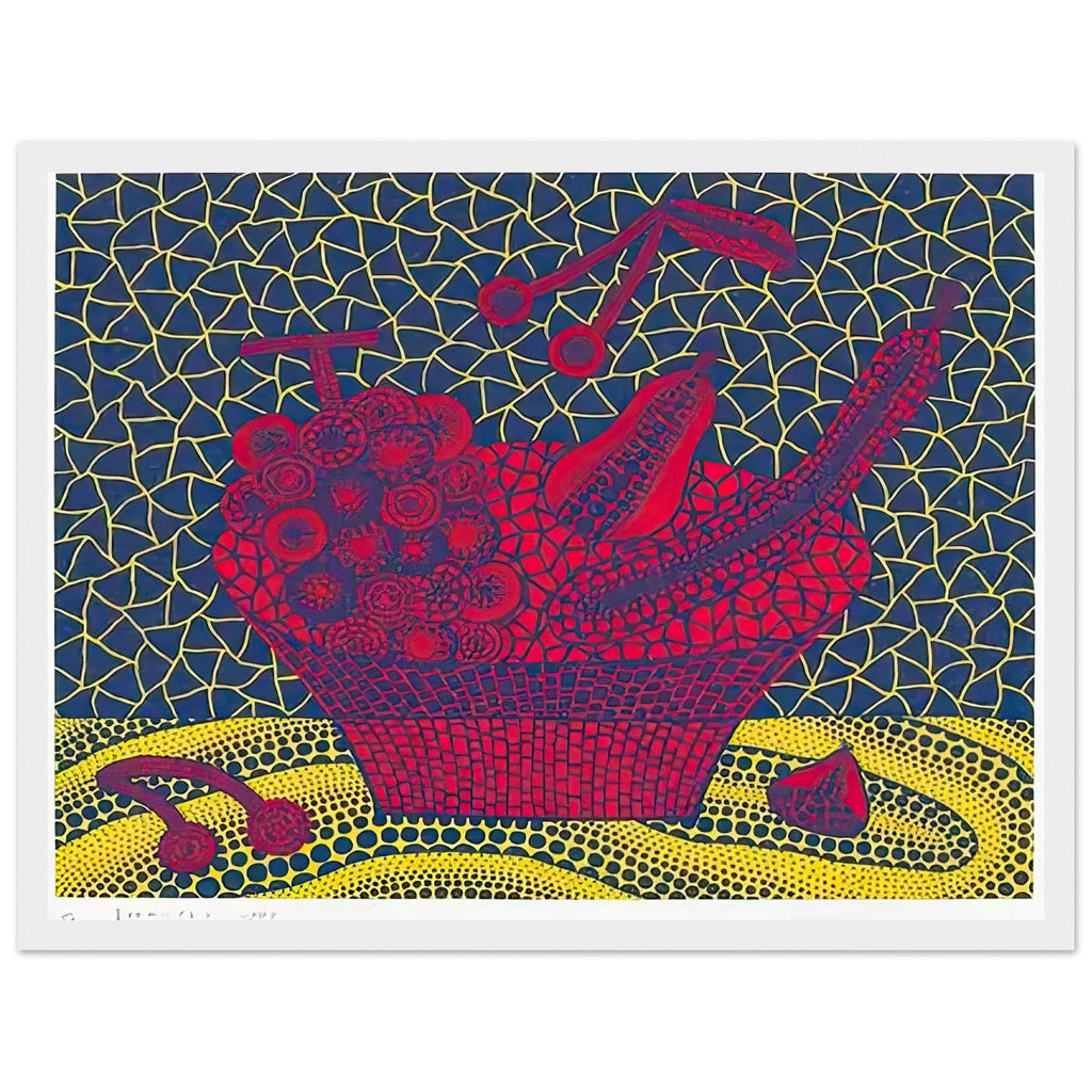 Yayoi Kusama framed print — Fruit Basket (5) by Yayoi Kusama explores one of the artist’s recurring subjects: the abundance of ordinary fruit, white frame, 30x40 cm / 12x16″