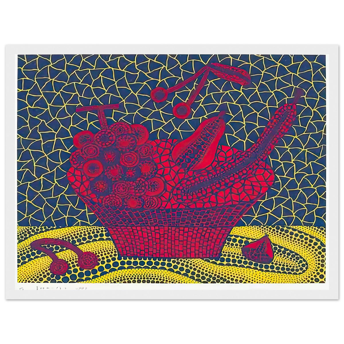 Yayoi Kusama framed print — Fruit Basket (5) by Yayoi Kusama explores one of the artist’s recurring subjects: the abundance of ordinary fruit, white frame, 30x40 cm / 12x16″
