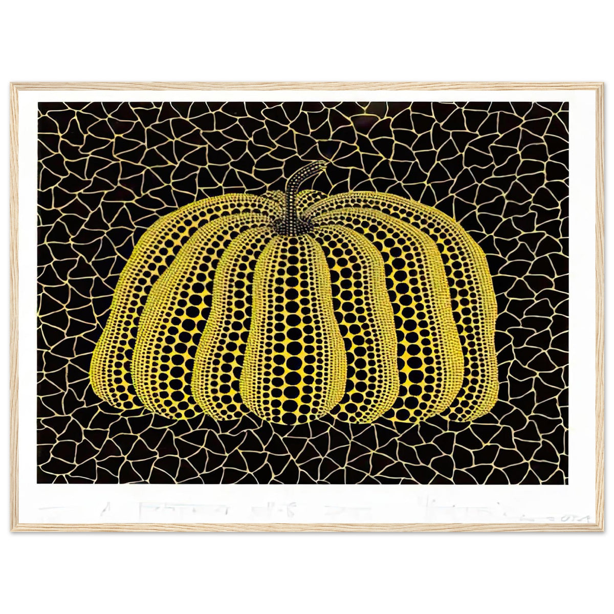 Yayoi Kusama framed print — Pumpkin (YB-B) [Kusama 327] revisits Kusama’s best-known vegetable through the relationship between its distinctive form and repeating ornament, wood frame, 60x80 cm / 24x32″