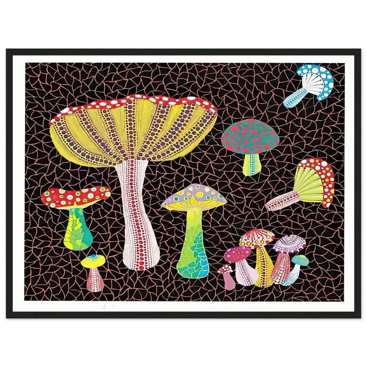 Yayoi Kusama framed print — Toadstools explores the eccentric shapes of woodland fungi, balancing rounded caps and slender supports, black frame, 45x60 cm / 18x24″