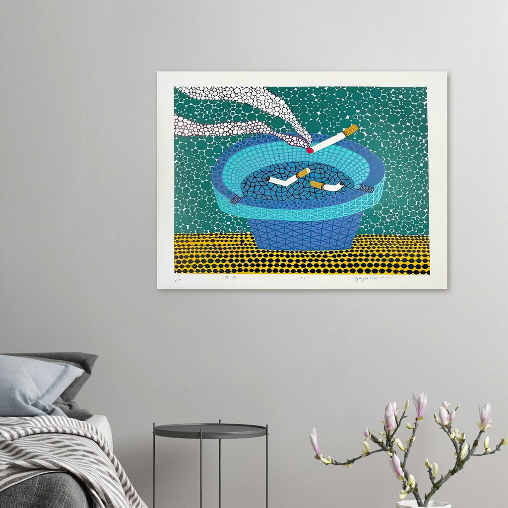 Yayoi Kusama poster — Ashtray (2) returns to the everyday smoking accessory but distinguishes this image as a second listed treatment of the motif