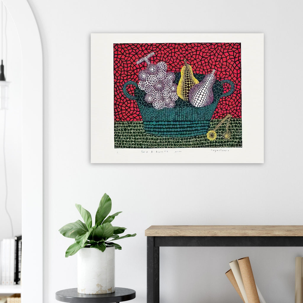 Yayoi Kusama poster — Panier de Fruits I from Amour pour Toujours turns a basket of fruit into a lively decorative still life