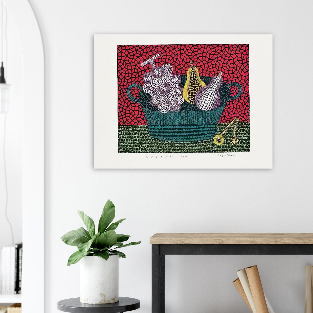 Yayoi Kusama poster — Panier de Fruits I from Amour pour Toujours turns a basket of fruit into a lively decorative still life