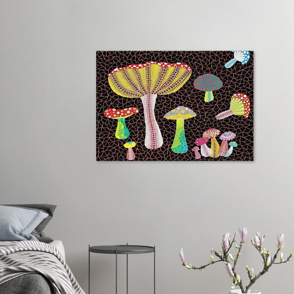 Yayoi Kusama canvas print — Toadstools explores the eccentric shapes of woodland fungi, balancing rounded caps and slender supports