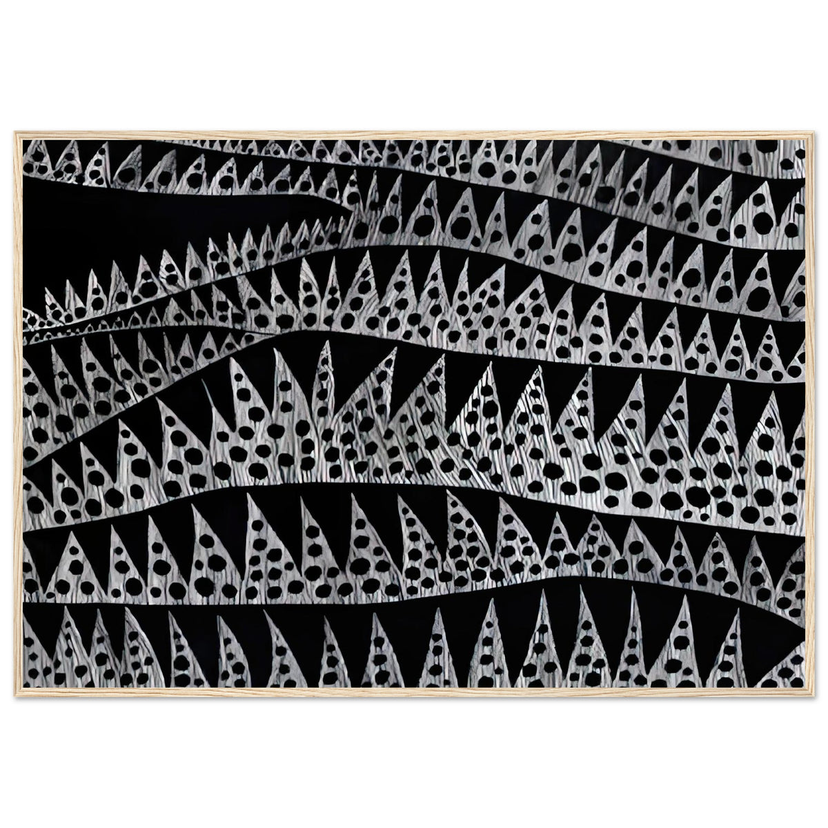 Yayoi Kusama framed print — Waves (TWXZO) approaches the motion of water as a patterned, repeating event, wood frame, 70x100 cm / 28x40″
