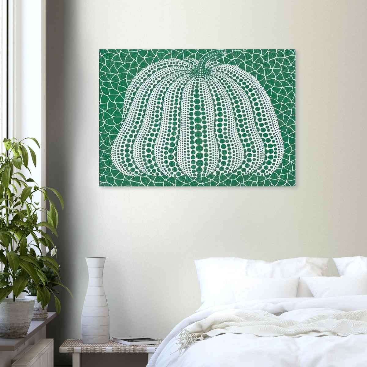 Yayoi Kusama canvas print — Pumpkin Green presents Kusama’s familiar pumpkin through an explicitly green variation