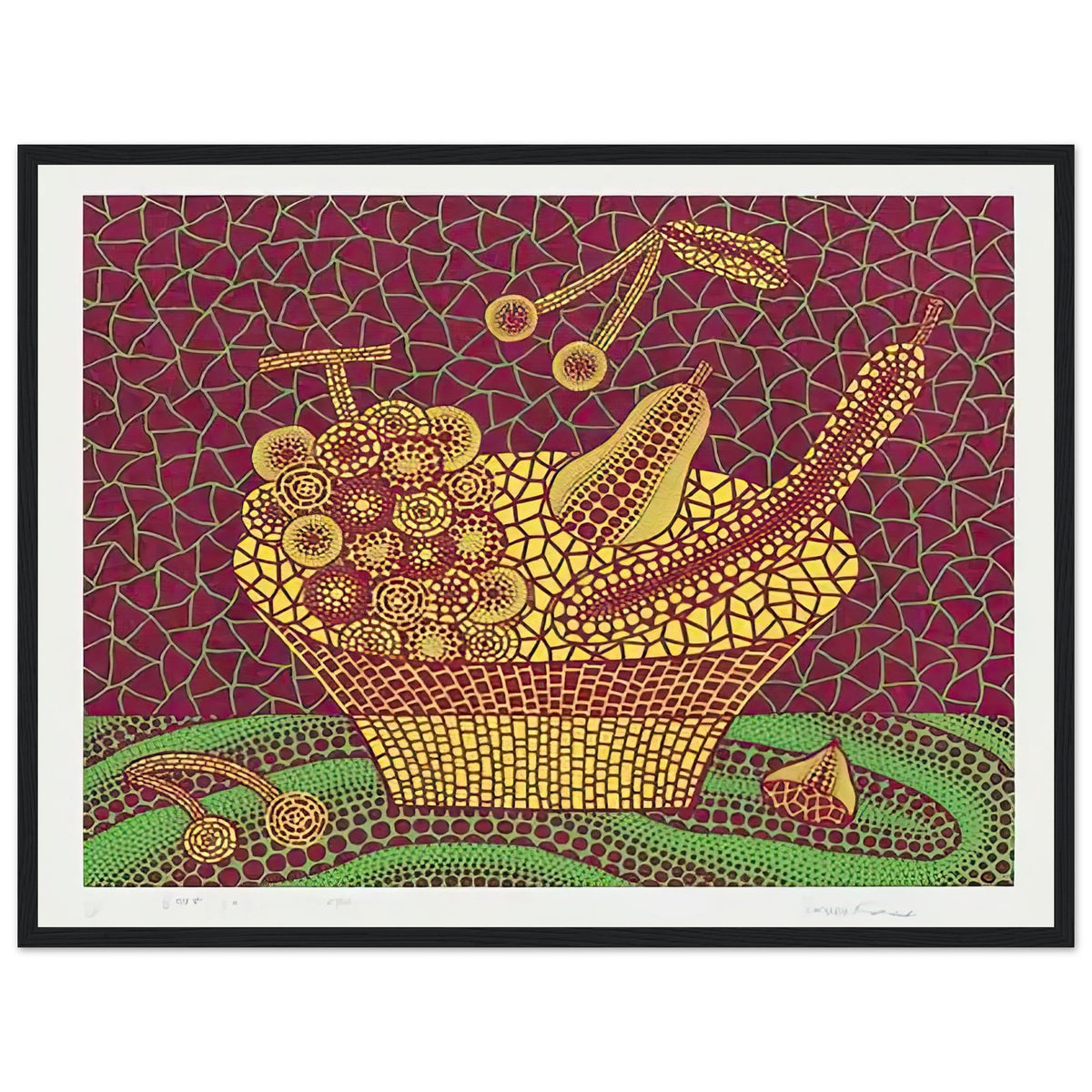 Yayoi Kusama framed print — Fruit Basket (3) by Yayoi Kusama explores one of the artist’s recurring subjects: the abundance of ordinary fruit, black frame, 45x60 cm / 18x24″