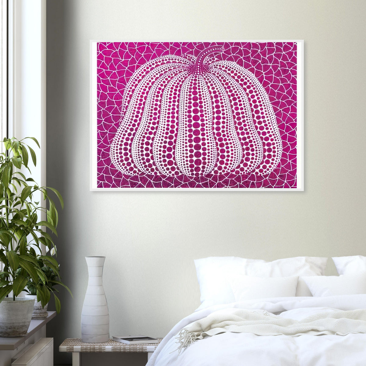 Yayoi Kusama framed print of Pumpkin Purple — pumpkin Purple presents Kusama’s familiar pumpkin through an explicitly purple variation. The simple vegetable becomes a character-like artistic presence when its rounded form is combined with repeated marks