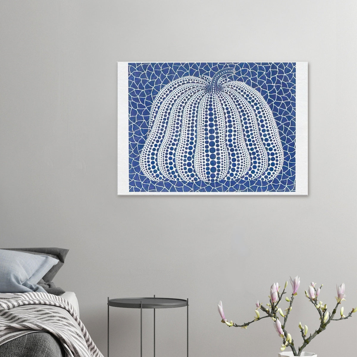 Yayoi Kusama canvas print — Pumpkin (Blue, Version 2) presents Kusama’s familiar pumpkin through an explicitly blue variation