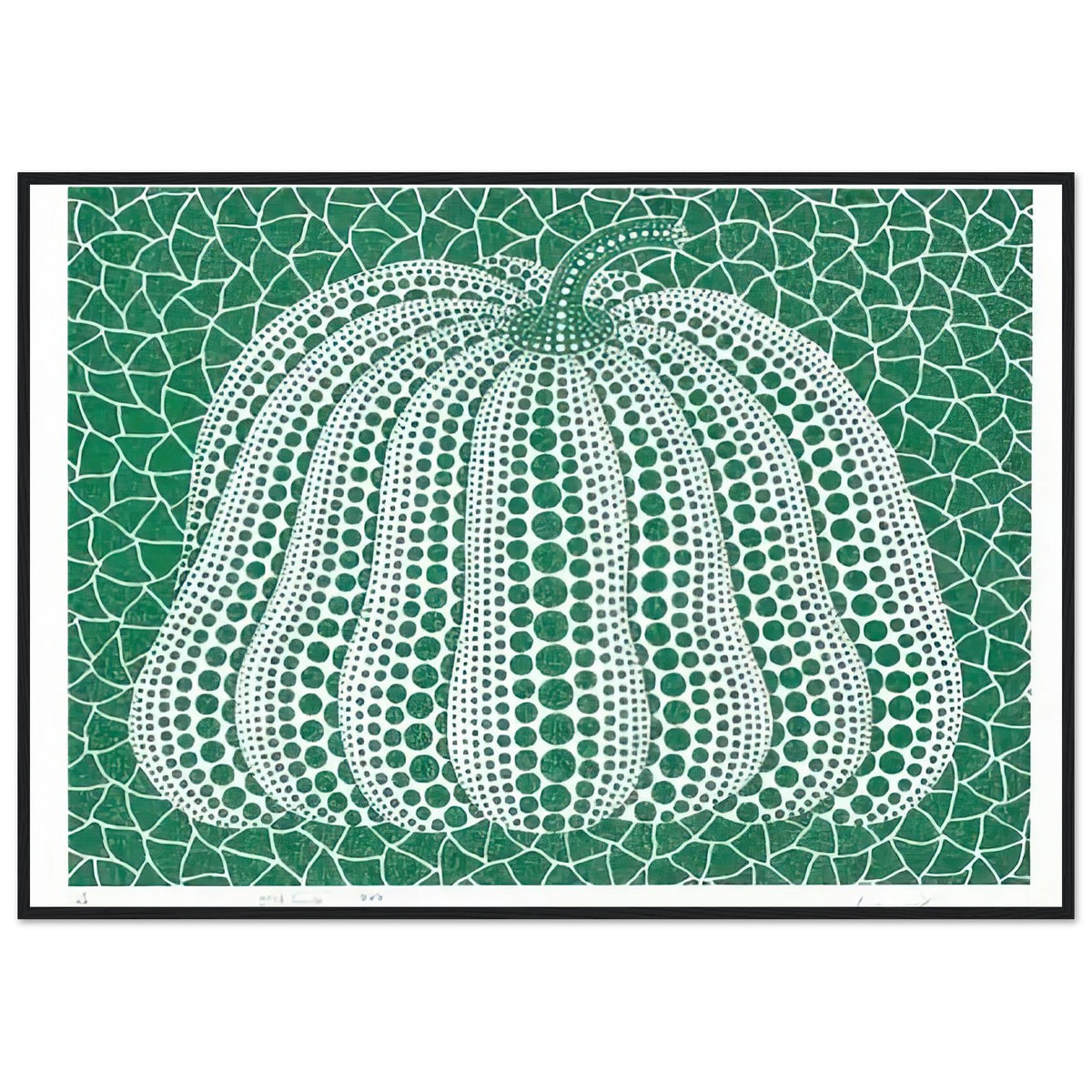 Yayoi Kusama framed print — Pumpkin Green presents Kusama’s familiar pumpkin through an explicitly green variation, black frame, 70x100 cm / 28x40″