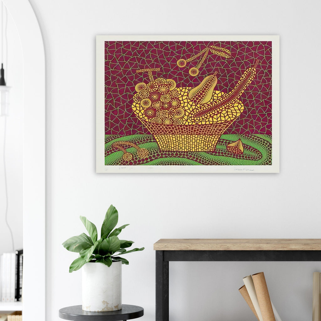 Yayoi Kusama poster — Fruit Basket (3) by Yayoi Kusama explores one of the artist’s recurring subjects: the abundance of ordinary fruit