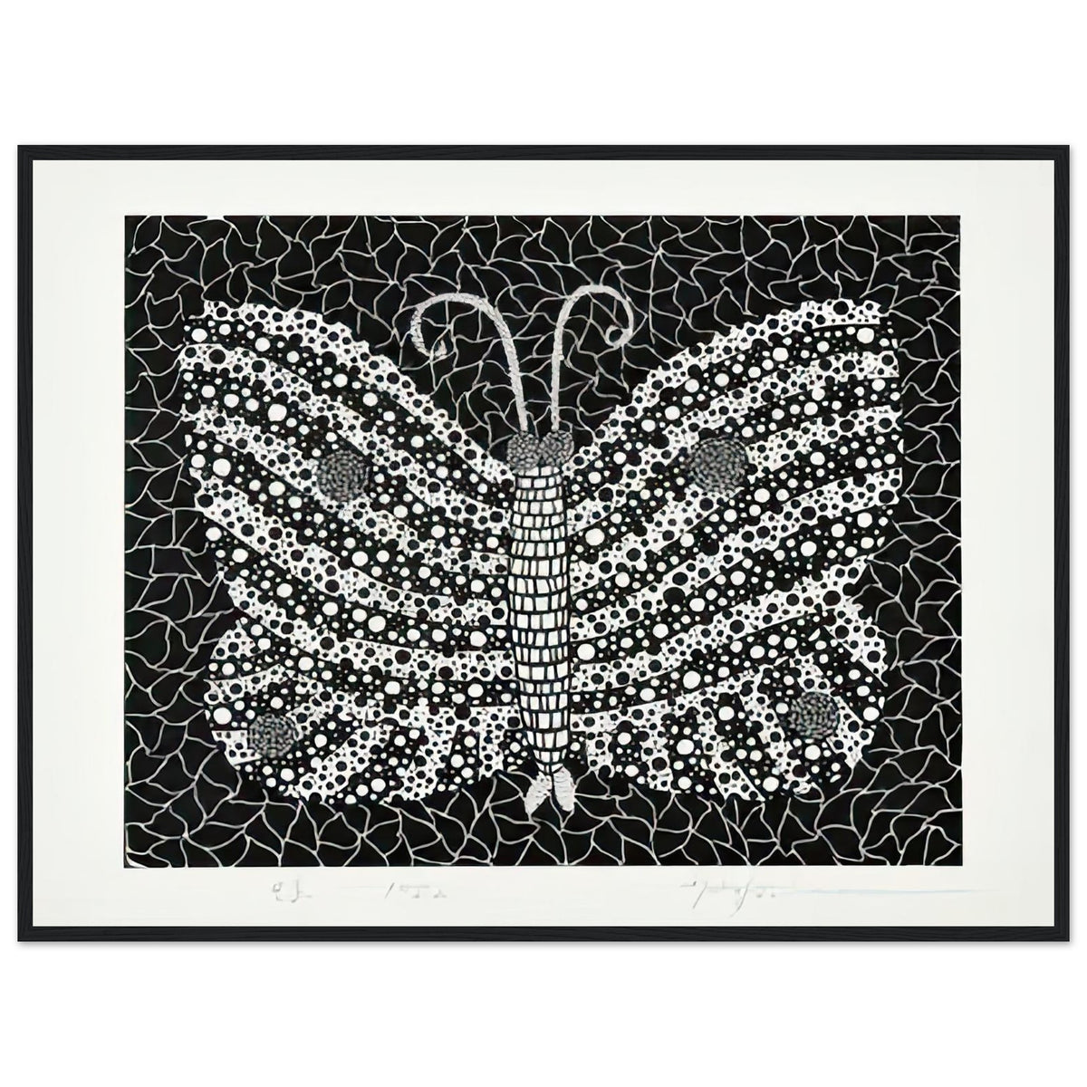 Yayoi Kusama framed print — Butterfly [Kusama 18] by Yayoi Kusama takes the lightness of a butterfly and gives it graphic intensity through pattern, black frame, 60x80 cm / 24x32″