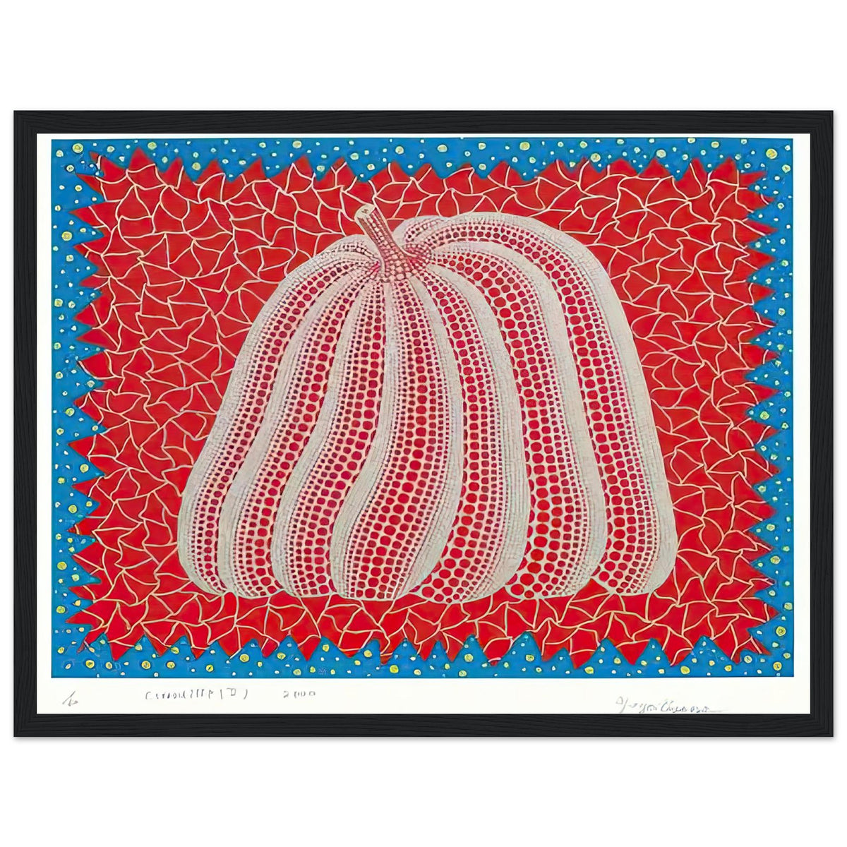 Yayoi Kusama framed print — Citrouille II from Amour pour Toujours gives Kusama’s beloved pumpkin a celebratory role within a portfolio devoted to love, black frame, 30x40 cm / 12x16″