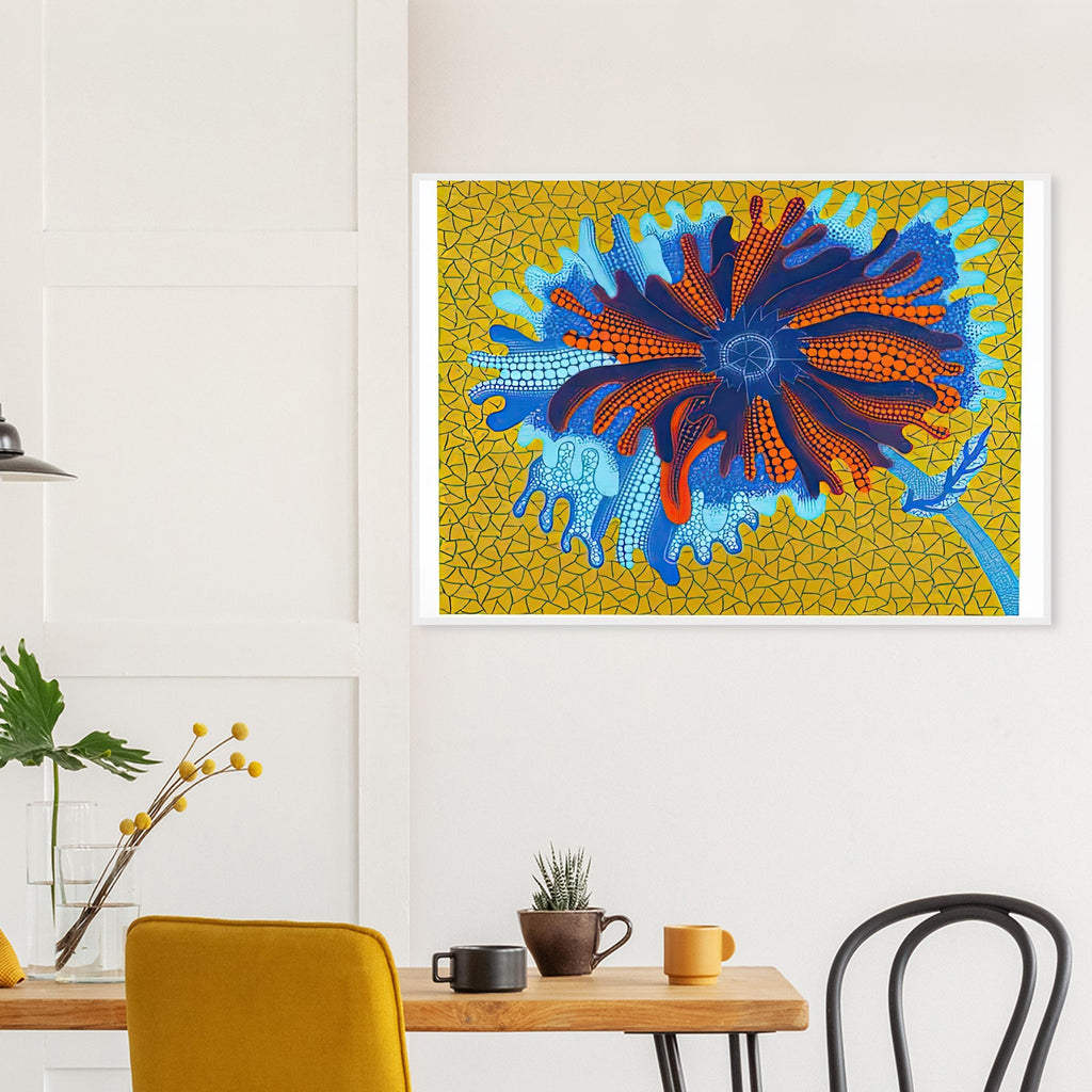 Yayoi Kusama framed print — Flower (B) treats a single flowering motif as a complete visual world