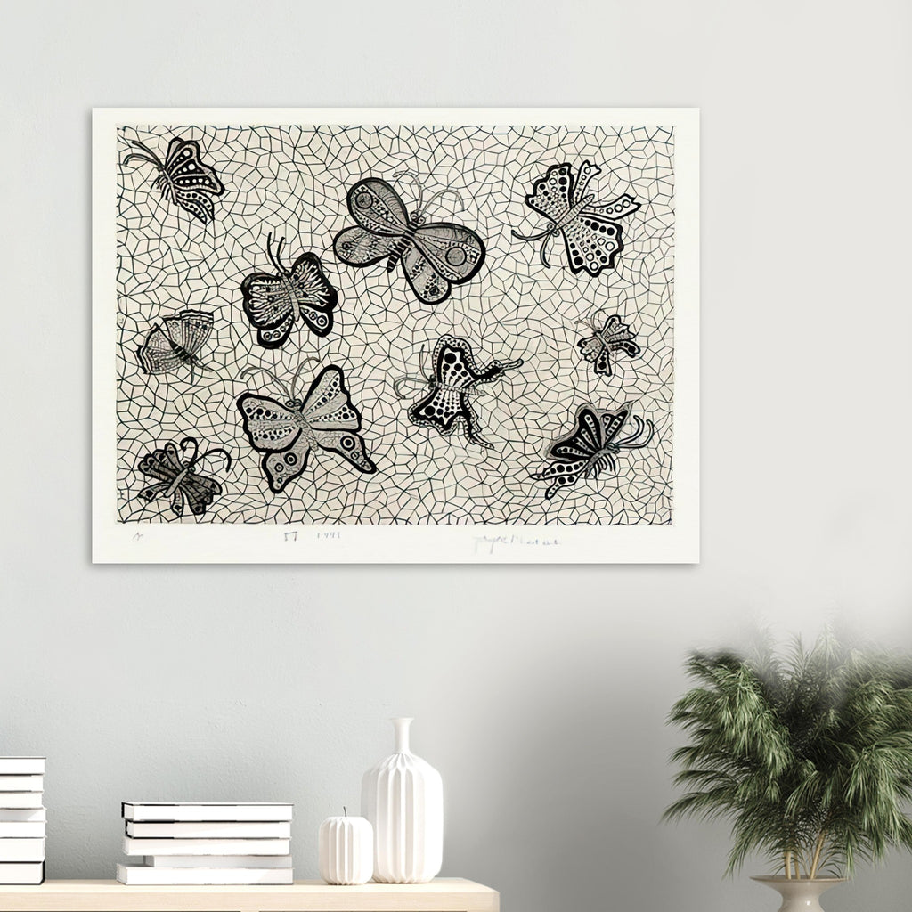 Yayoi Kusama poster — Butterflies draws on the delicate symmetry and movement of a familiar insect, a recurring subject in Kusama’s printmaking