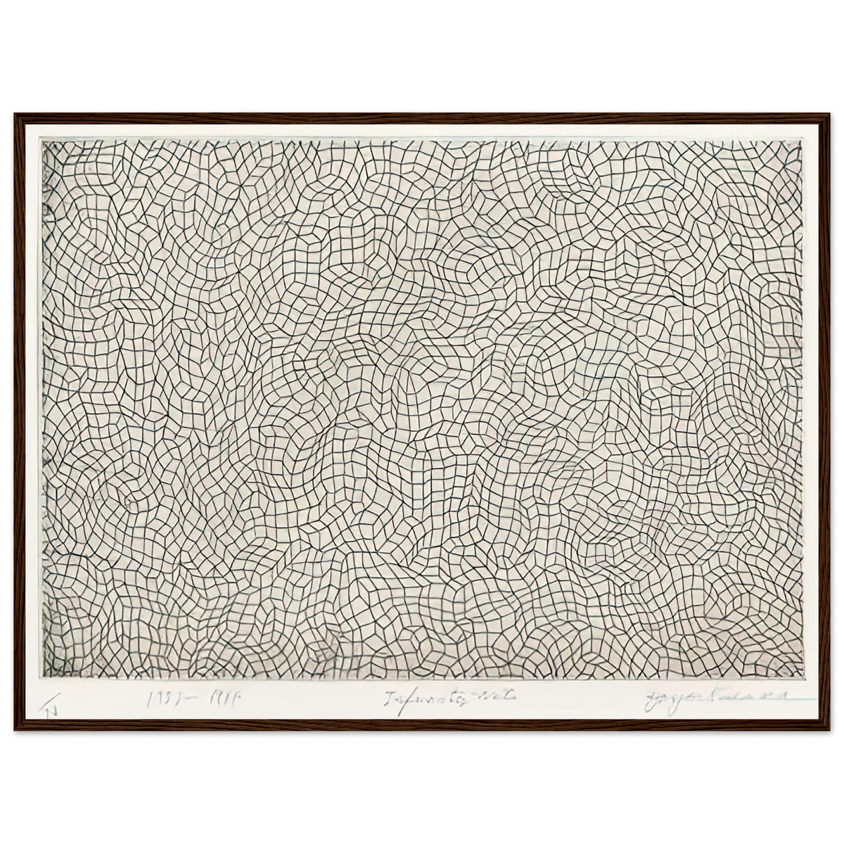 Yayoi Kusama framed print — Infinity Nets [Kusama 51] explores Kusama’s Infinity Net as a field built from countless repeated marks, dark wood frame, 60x80 cm / 24x32″