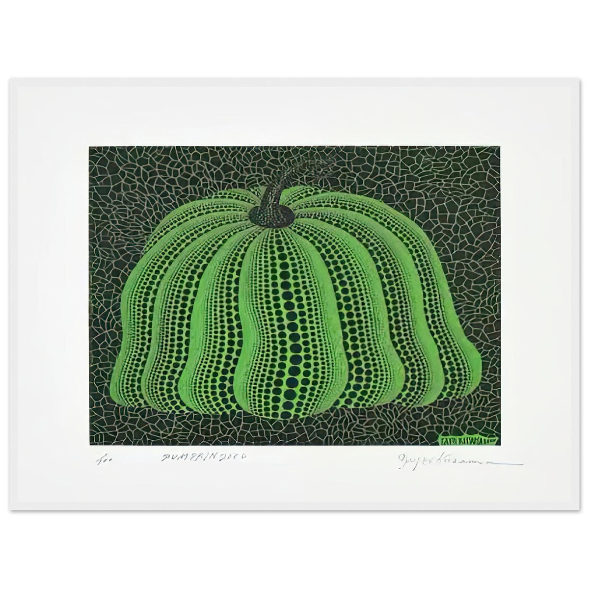 Yayoi Kusama framed print — Pumpkin 2000 (Green) uses a green treatment to reinterpret one of Kusama’s most affectionate subjects, white frame, 60x80 cm / 24x32″