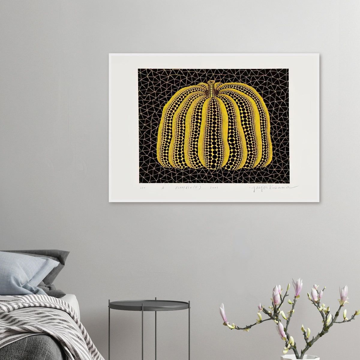Yayoi Kusama framed print — Pumpkin (Y) is one precisely named variation on Yayoi Kusama’s iconic pumpkin theme