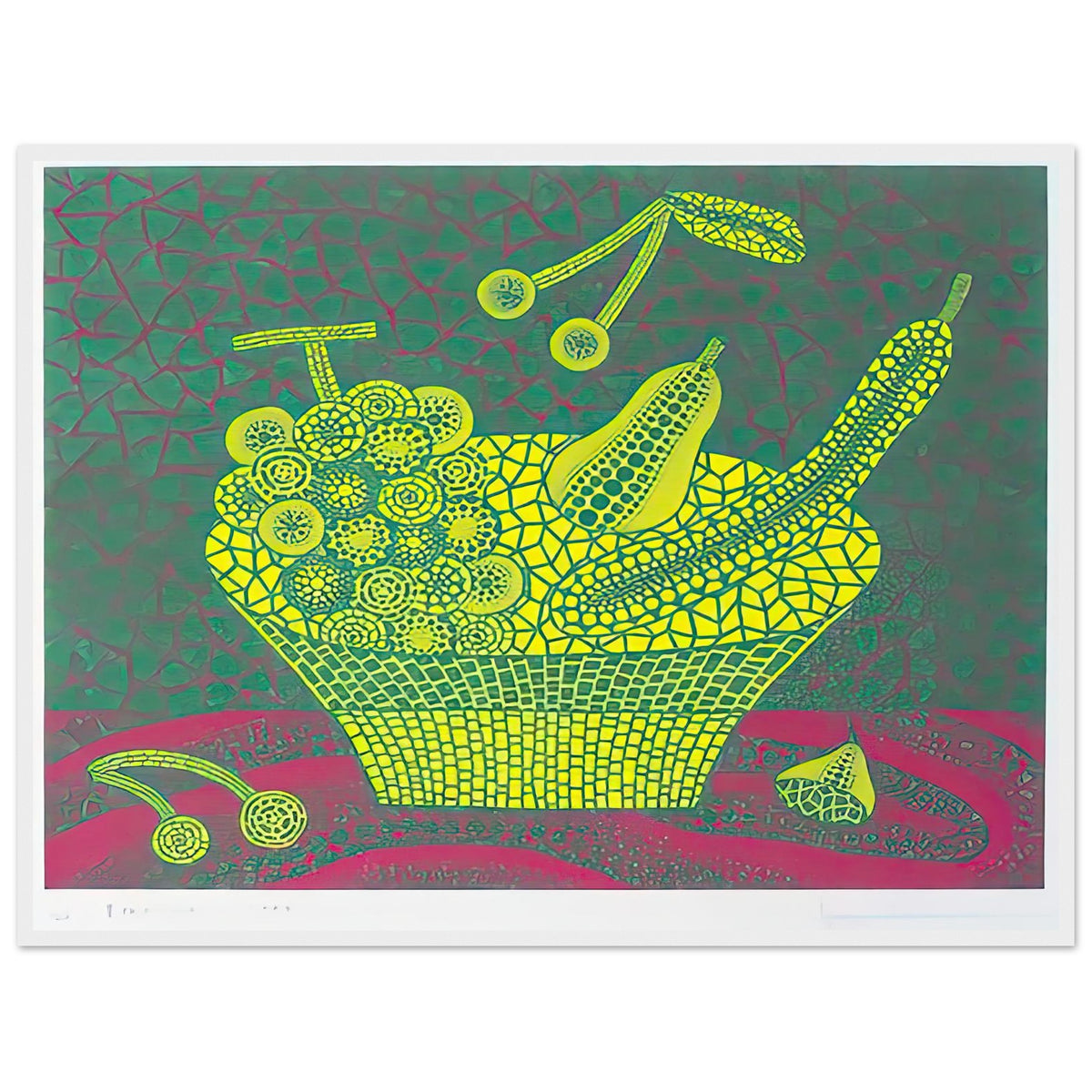 Yayoi Kusama framed print — Fruit Basket (4) by Yayoi Kusama explores one of the artist’s recurring subjects: the abundance of ordinary fruit, white frame, 60x80 cm / 24x32″