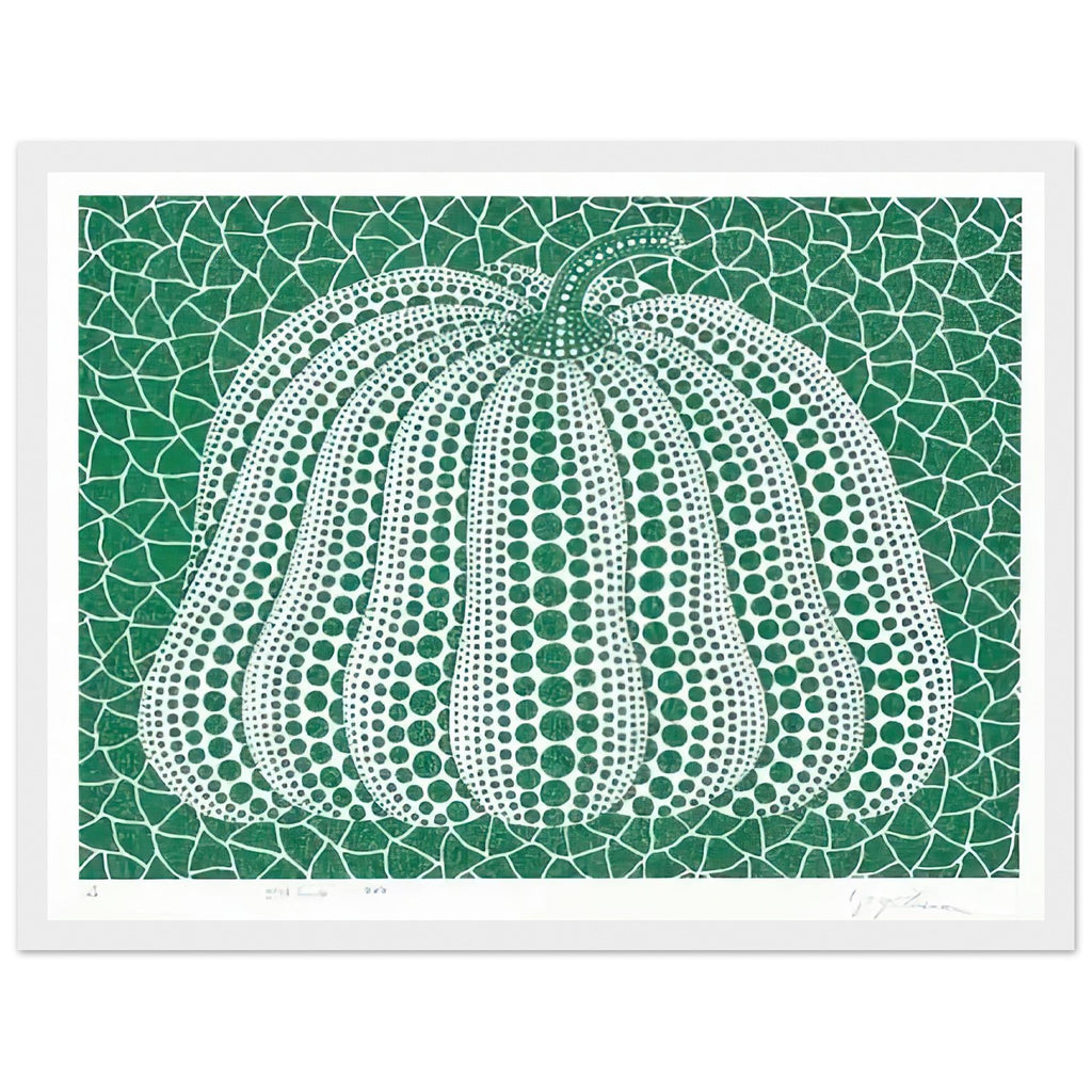 Yayoi Kusama framed print — Pumpkin Green presents Kusama’s familiar pumpkin through an explicitly green variation, white frame, 30x40 cm / 12x16″