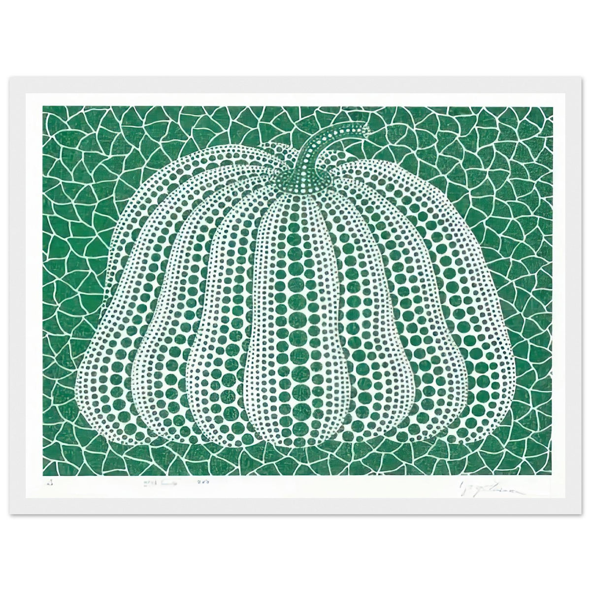 Yayoi Kusama framed print — Pumpkin Green presents Kusama’s familiar pumpkin through an explicitly green variation, white frame, 30x40 cm / 12x16″