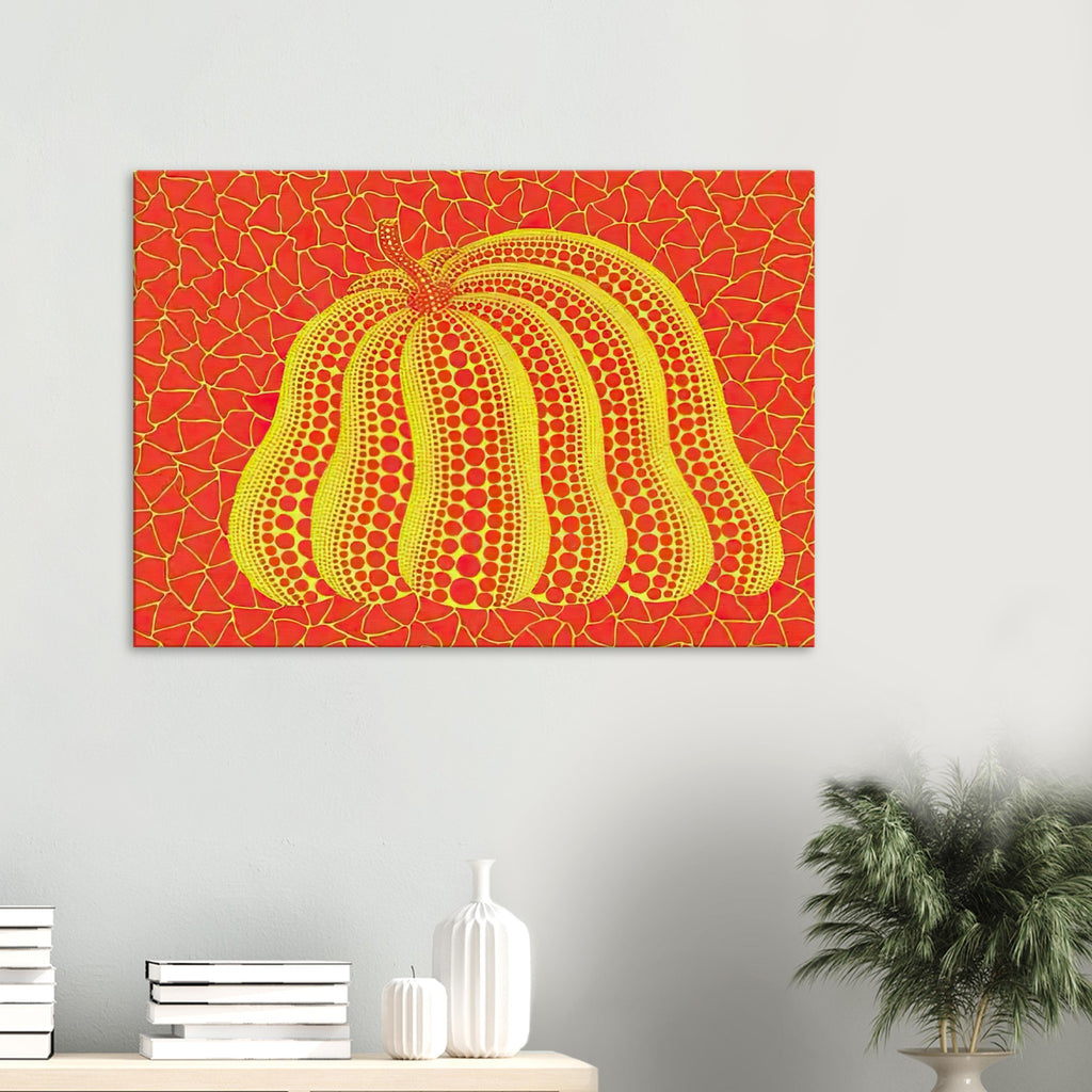 Yayoi Kusama canvas print — Pumpkin (YOR-A) [Kusama 326] revisits Kusama’s best-known vegetable through the relationship between its distinctive form and repeating ornament
