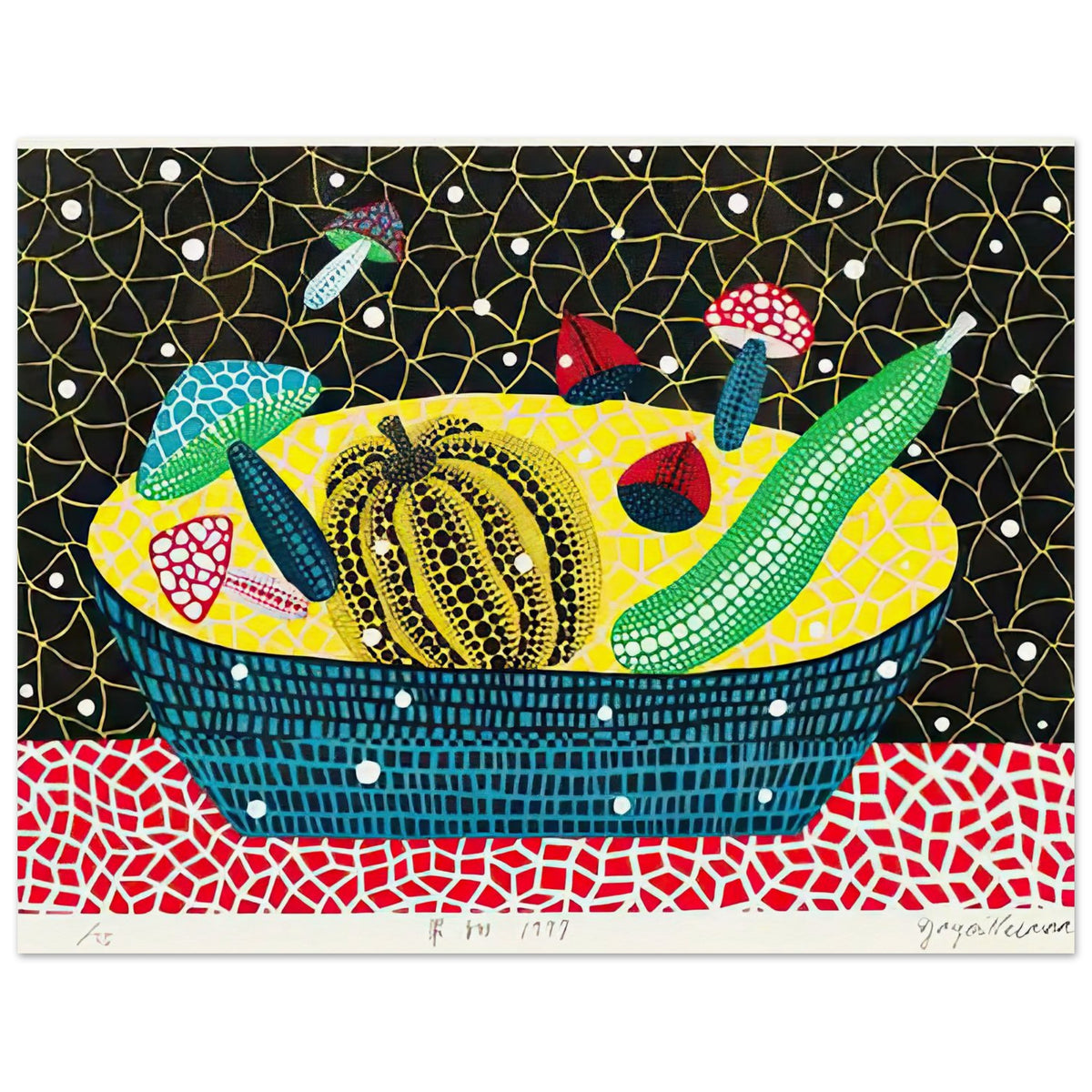 Yayoi Kusama poster — Fruits (2) turns an arrangement of fruit into a deliberately ornamental still life, 27x35 cm / 11x14″