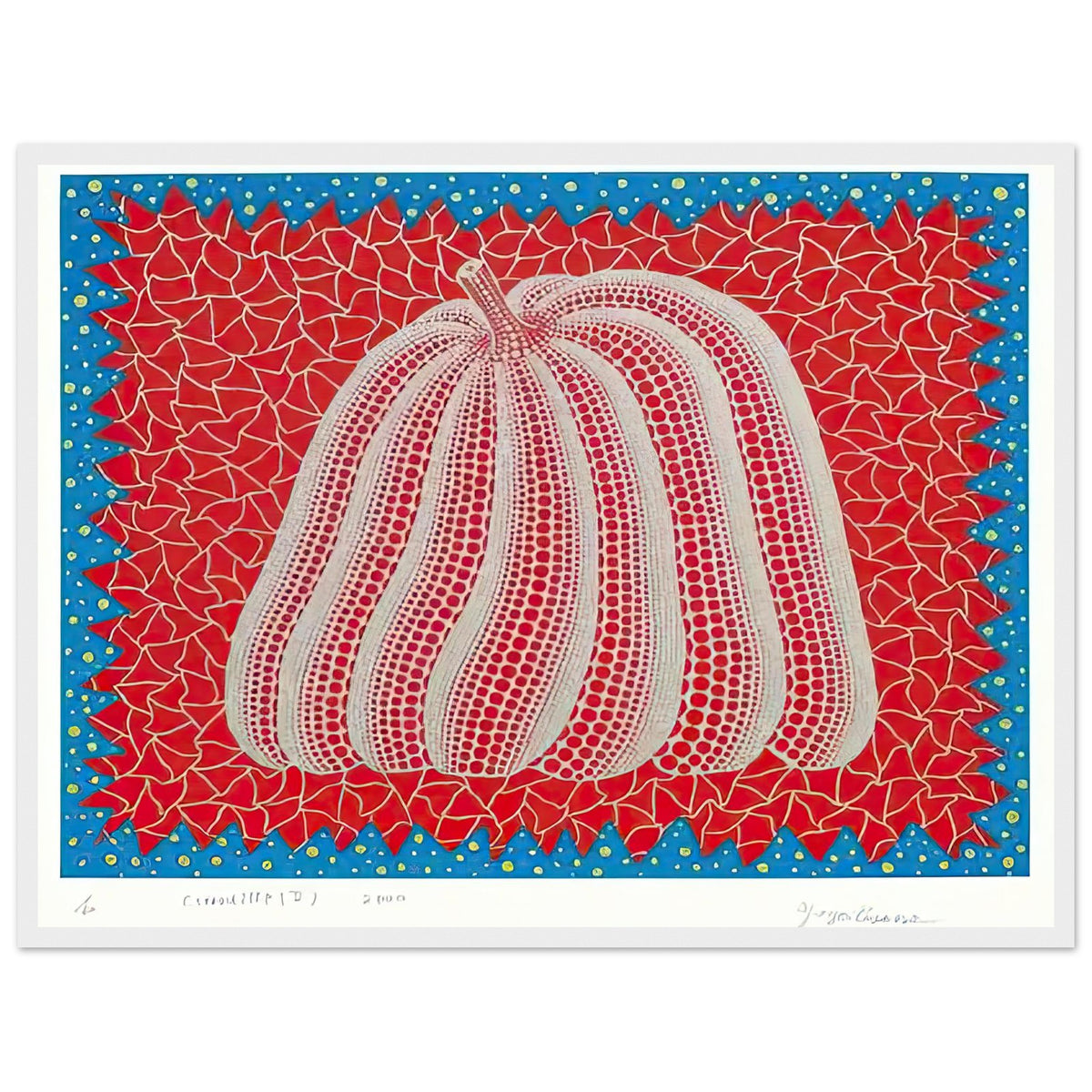 Yayoi Kusama framed print — Citrouille II from Amour pour Toujours gives Kusama’s beloved pumpkin a celebratory role within a portfolio devoted to love, white frame, 45x60 cm / 18x24″