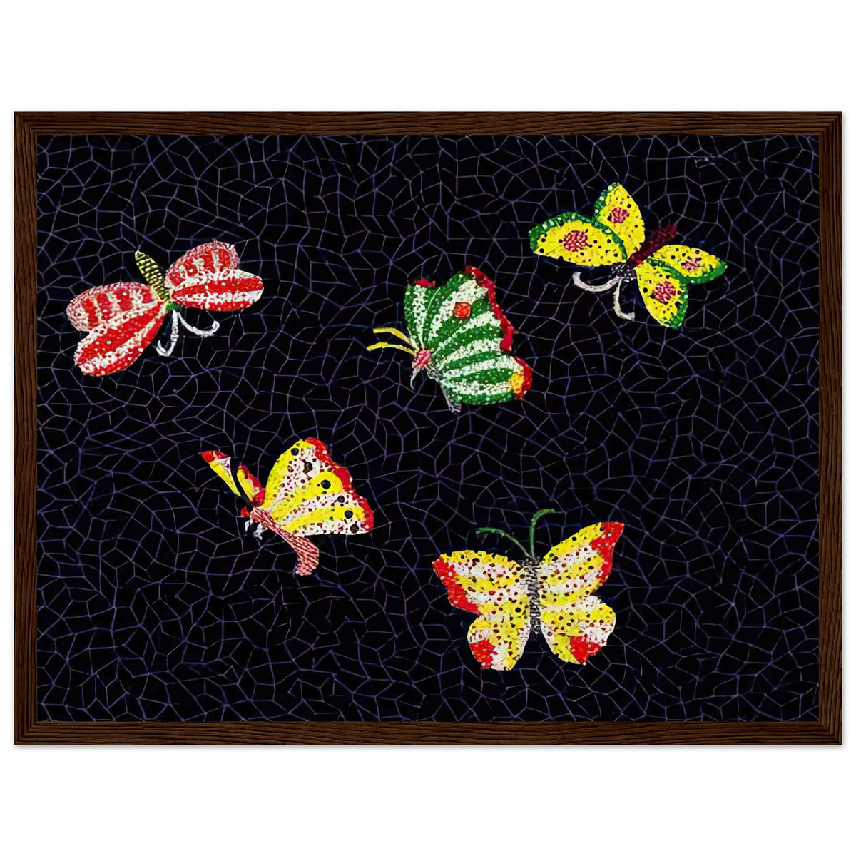 Yayoi Kusama framed print — Butterfly [Kusama 82] by Yayoi Kusama takes the lightness of a butterfly and gives it graphic intensity through pattern, dark wood frame, 30x40 cm / 12x16″